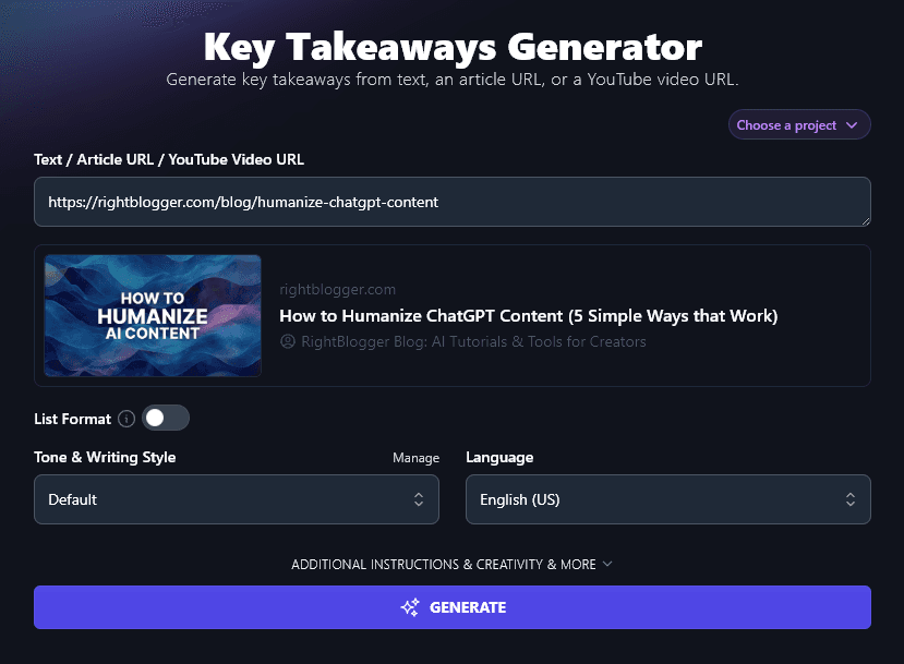 Entering an Article URL into the Key Takeaways Generator