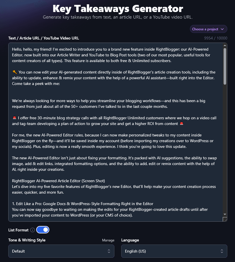 Pasting a Full Blog Post Into the Key Takeaways Generator
