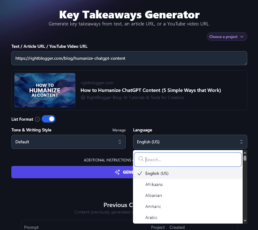 Selecting a Language for the Key Takeaways Generator