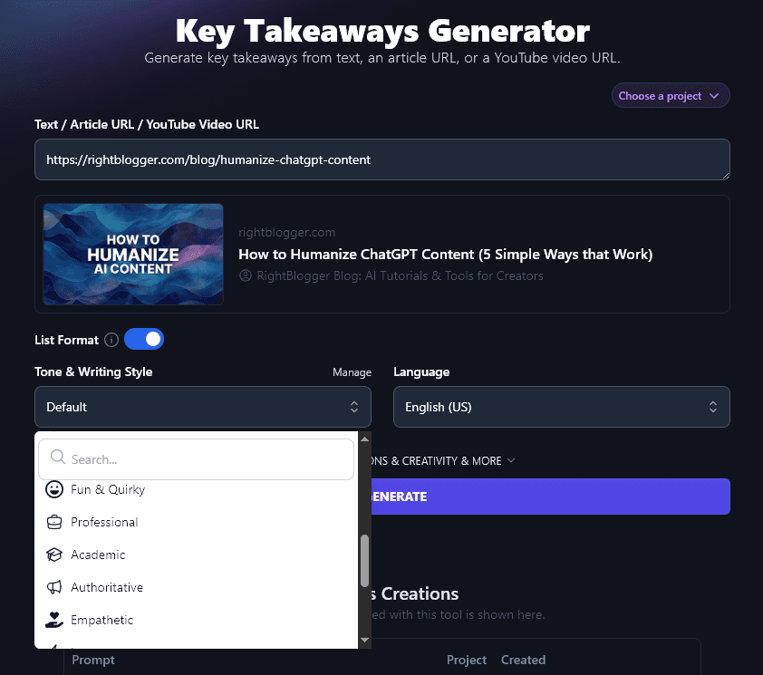 Selecting a Tone & Writing Style to Use With the Key Takeaways Generator