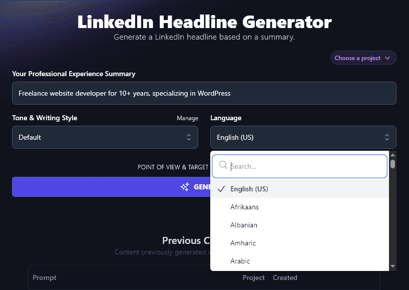 Using the Language Dropdown to Select a Language to Use With the AI LinkedIn Headline Generator