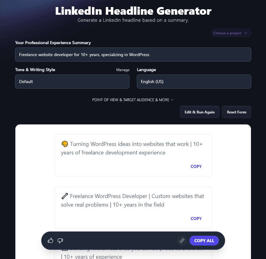 A List of Potential Headlines Created by the AI LinkedIn Headline Generator