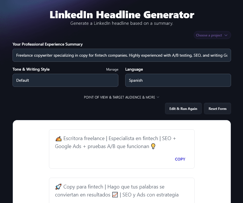 Creating Headlines in Spanish Using the AI LinkedIn Headline Generator