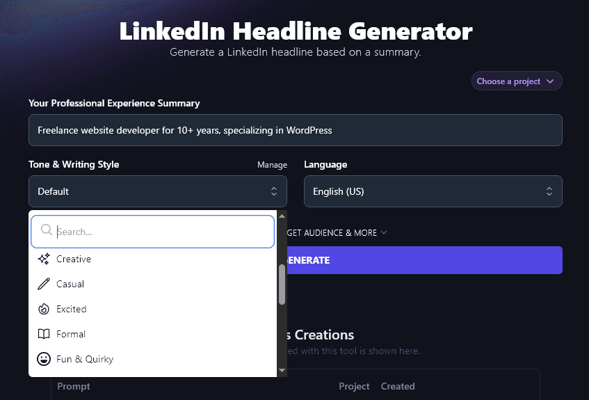 Selecting the Tone & Writing Style to Use for the LinkedIn Headline Generator