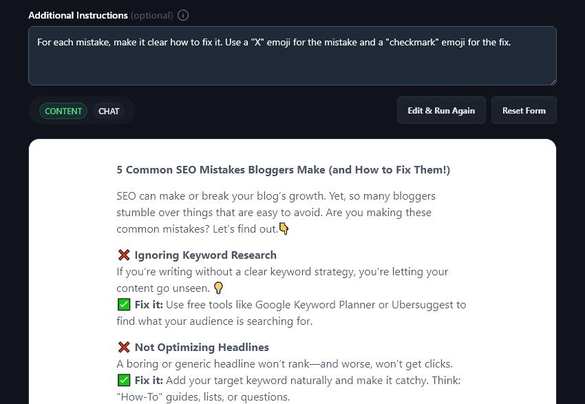 The LinkedIn Post Generator Has Followed the Additional Instruction to Use X and Checkmark Emojis in the Generated Post