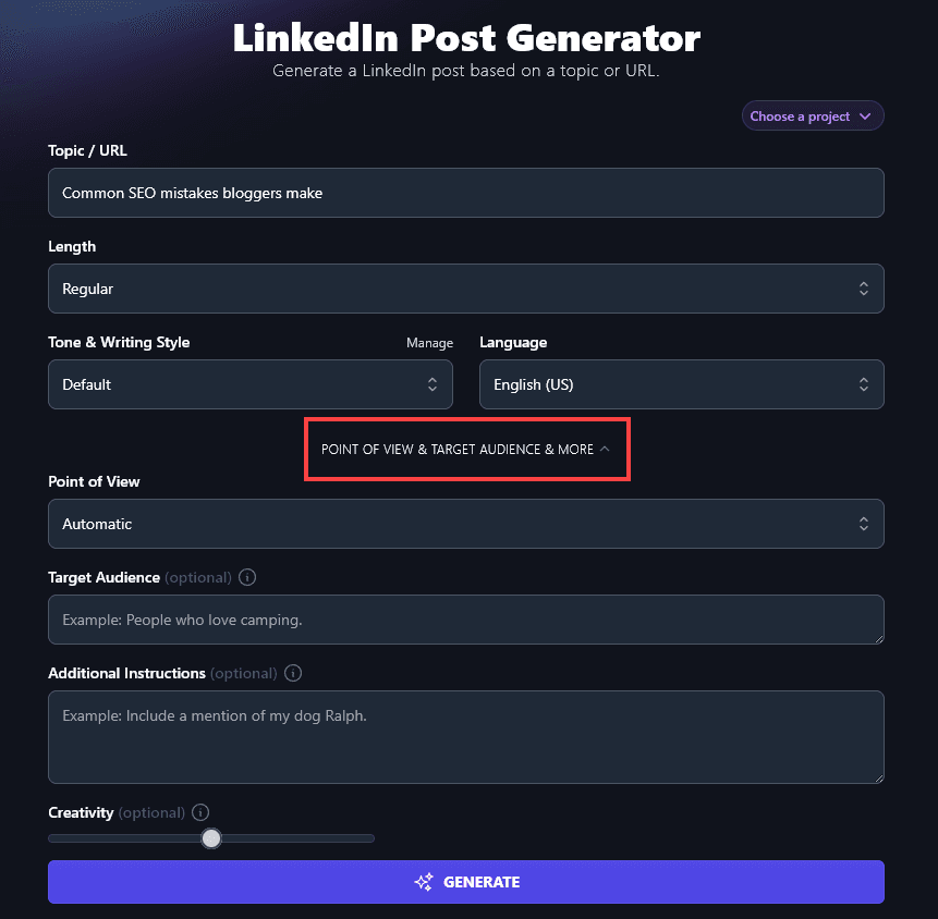 Opening Up the Advanced Options for the LinkedIn Post Generator