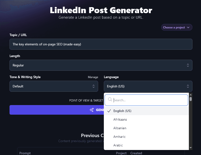 Selecting a Language for the AI LinkedIn Post Generator Tool