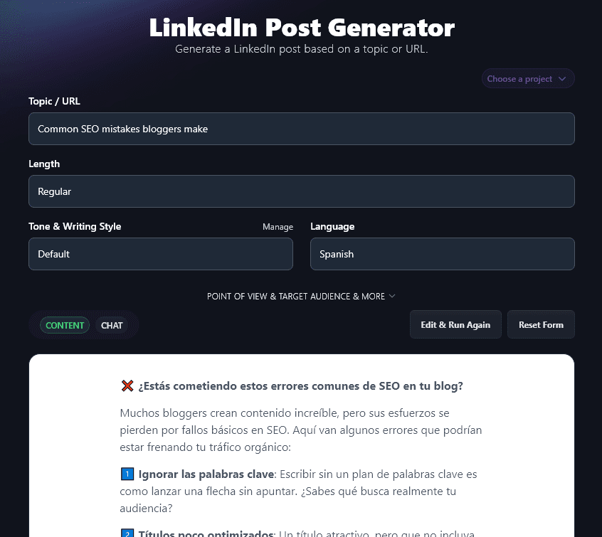 Generating a LinkedIn Post in Spanish Using the LinkedIn Post Generator Tool