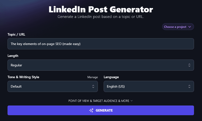 Entering a Topic/URL Into the LinkedIn Post Generator