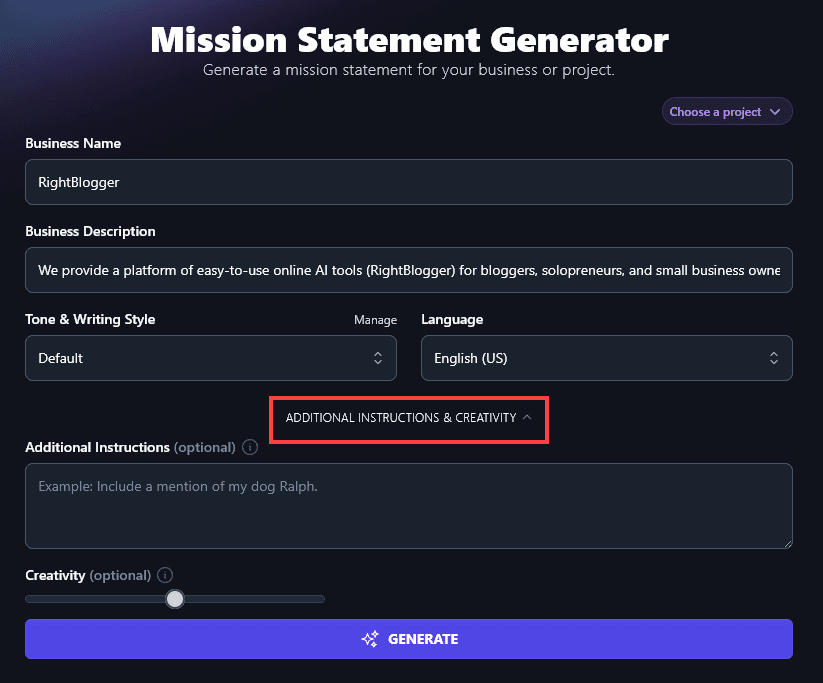 Using the Additional Instructions & Creativity Link to Open Up the Advanced Options for the Mission Statement Generator
