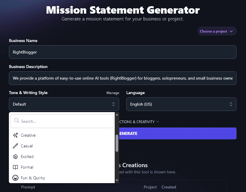 Select a Tone & Writing Style to Use With the AI Mission Statement Generator