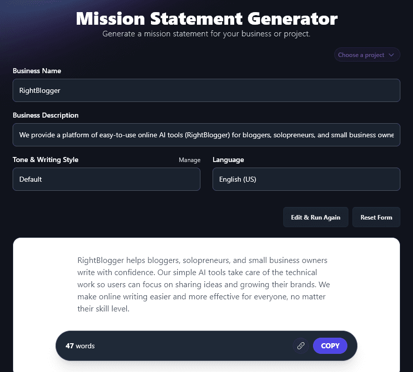 The Mission Statement Created by the Mission Statement Generator Tool