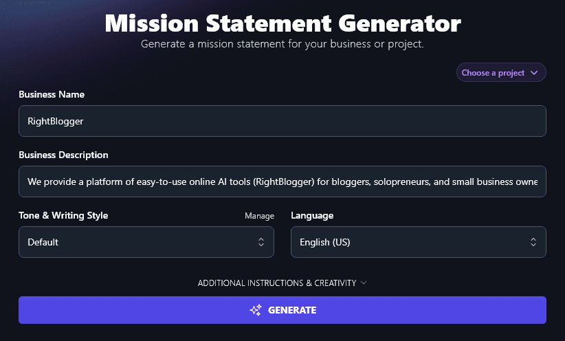 Enter Your Business Description Into the AI Mission Statement Generator Tool