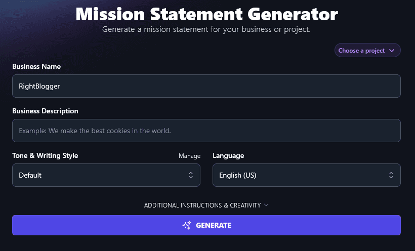 Enter Your Business Name Into the AI Mission Statement Generator Tool