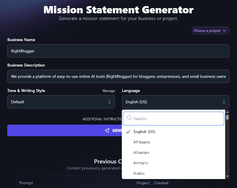 Select a Language to Use With the AI Mission Statement Generator