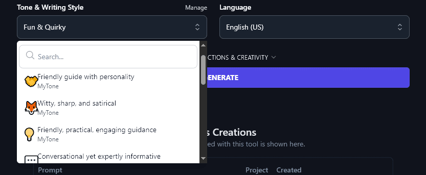 Choosing a MyTone from the Tone & Writing Style Dropdown in the AI Mission Statement Generator
