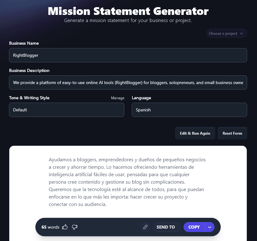 Generating a Mission Statement in Spanish Using the Mission Statement Generator