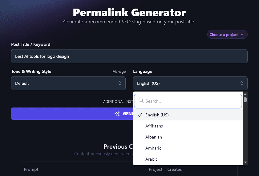 Language Dropdown Options on AI Permalink Generator Tool Screenshot