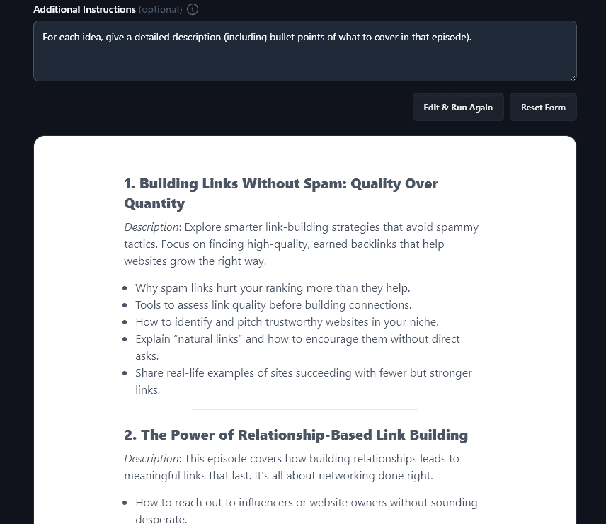AI Providing More Detailed Descriptions for Each Podcast Idea