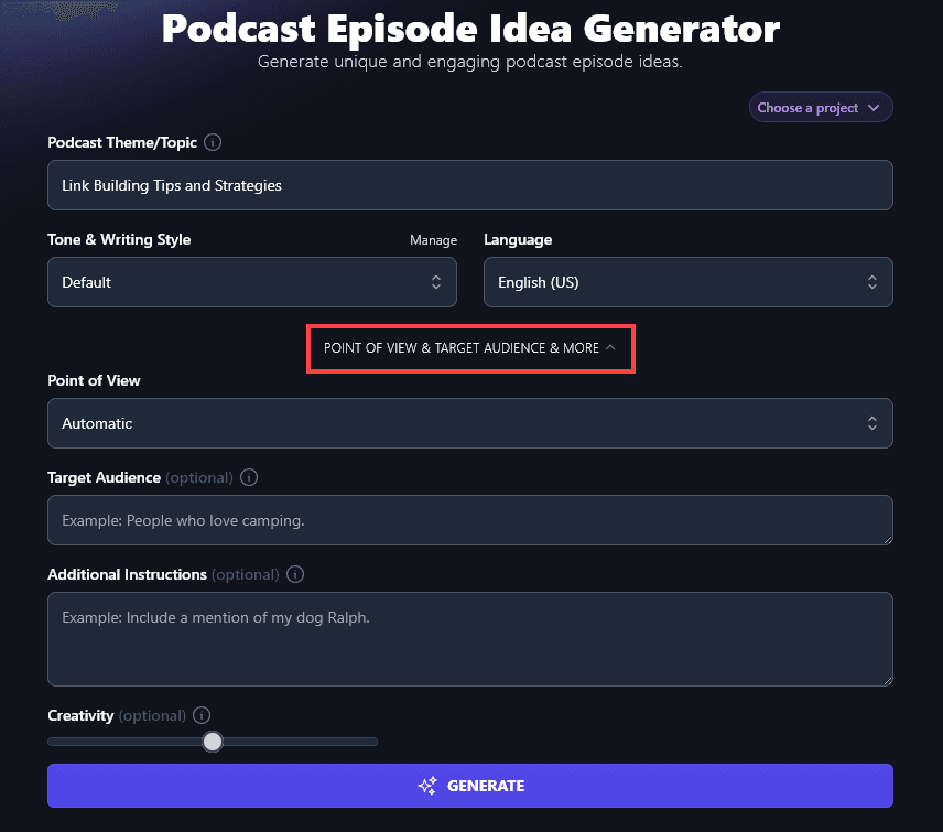 Opening Up the Advanced Options for the Podcast Episode Idea Generator
