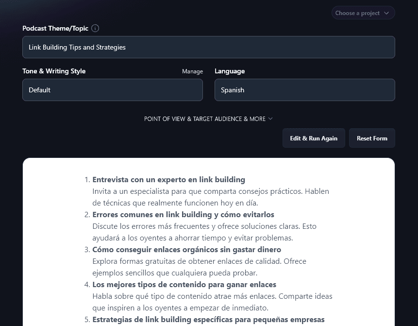 List of Ideas in Spanish, Created by the Podcast Idea Generator Tool