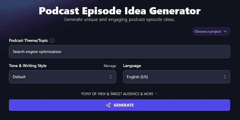 Entering a Theme/Topic Into the Podcast Episode Idea Generator