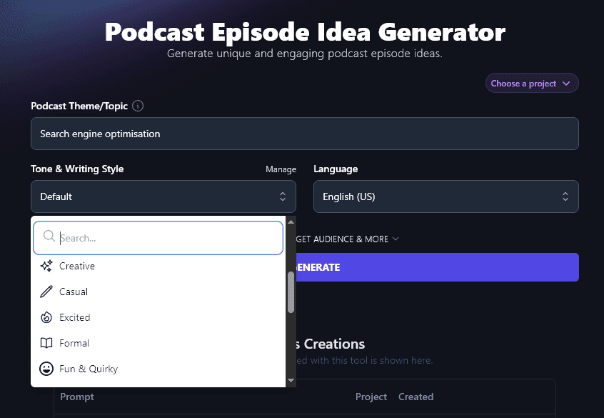 Selecting a Tone & Writing Style in the Podcast Episode Idea Generator