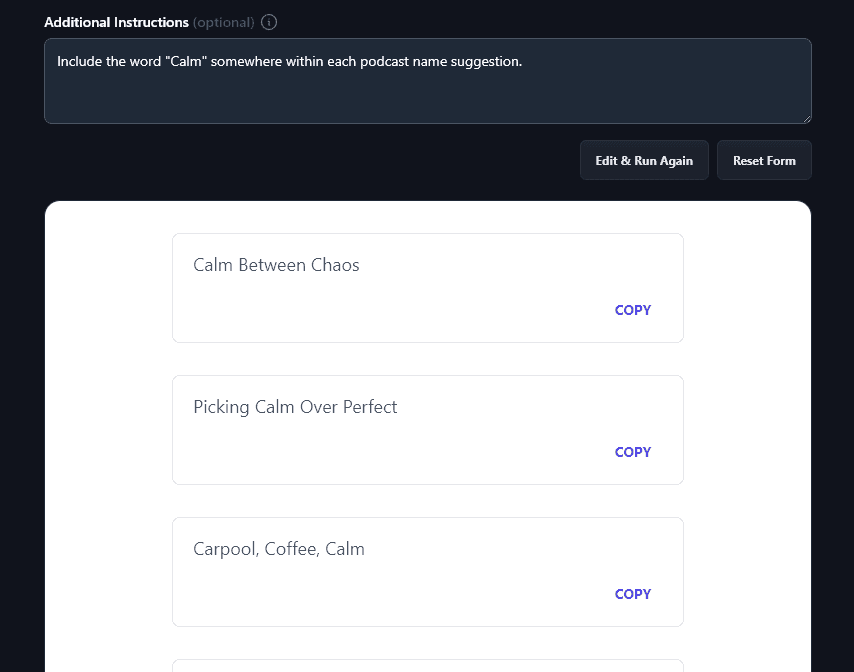 Giving Additional Instructions for the Podcast Name Generator to Follow