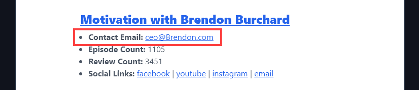 The Contact Email for a Podcast Listed by the Podcast Appearance Opportunity Finder