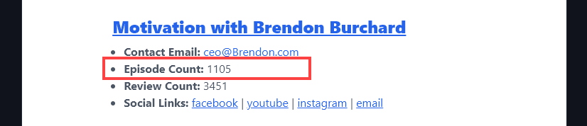 The Episode Count for a Podcast Listed by the Podcast Opportunity Tool