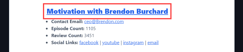 The Title and Link to a Podcast Listed by the Podcast Appearance Opportunity Finder