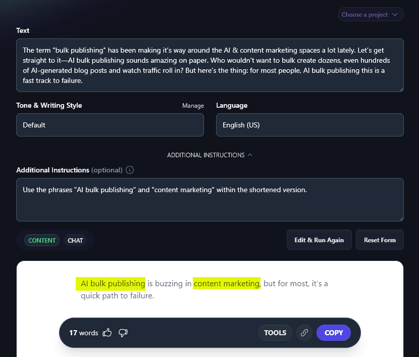 Incorporating Keywords in Your Shortened Text by Giving the AI Additional Instructions