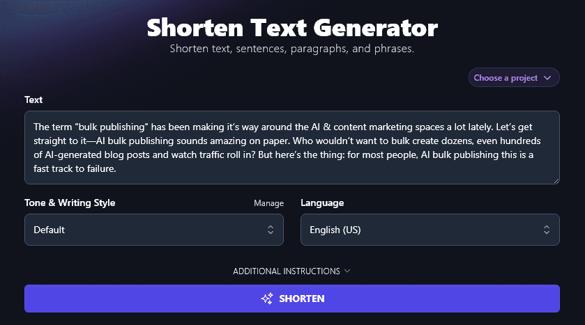 Pasting a Paragraph of Text into the Shorten Text Tool