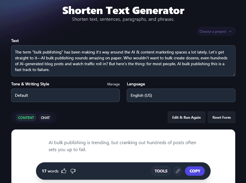 A Shortened Version of the Text Created by the AI Shorten Text Tool