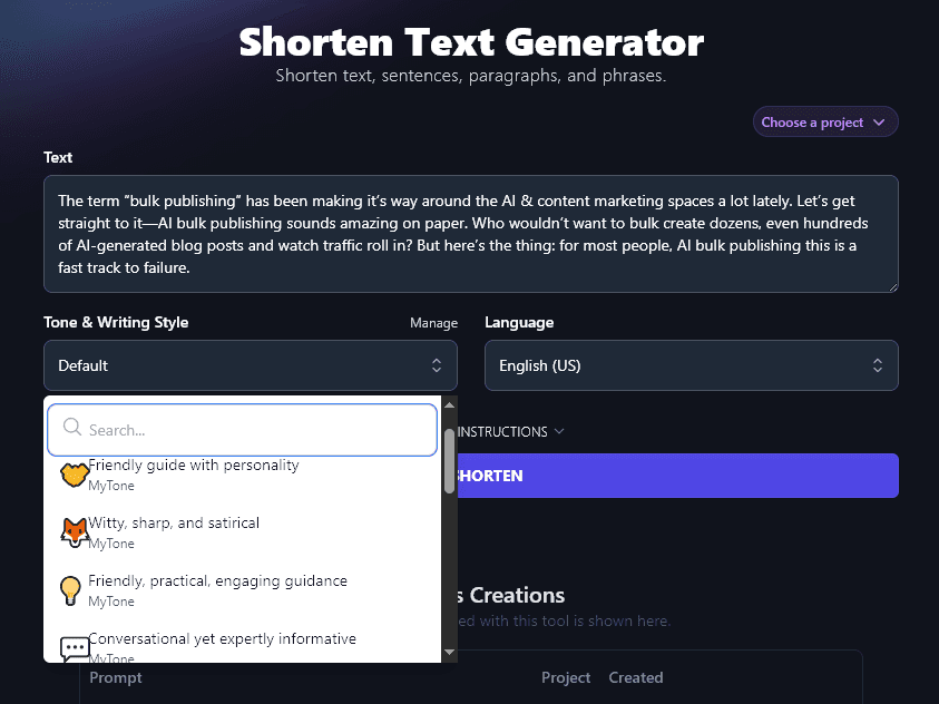 Using Custom MyTones With the AI Shorten Text Generator