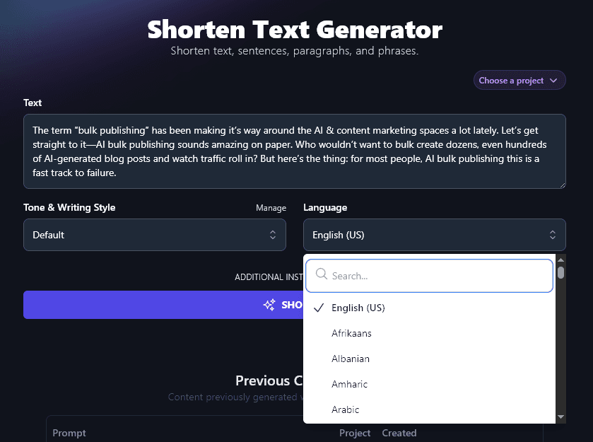 Selecting a Language to Use for the AI Shorten Text Tool