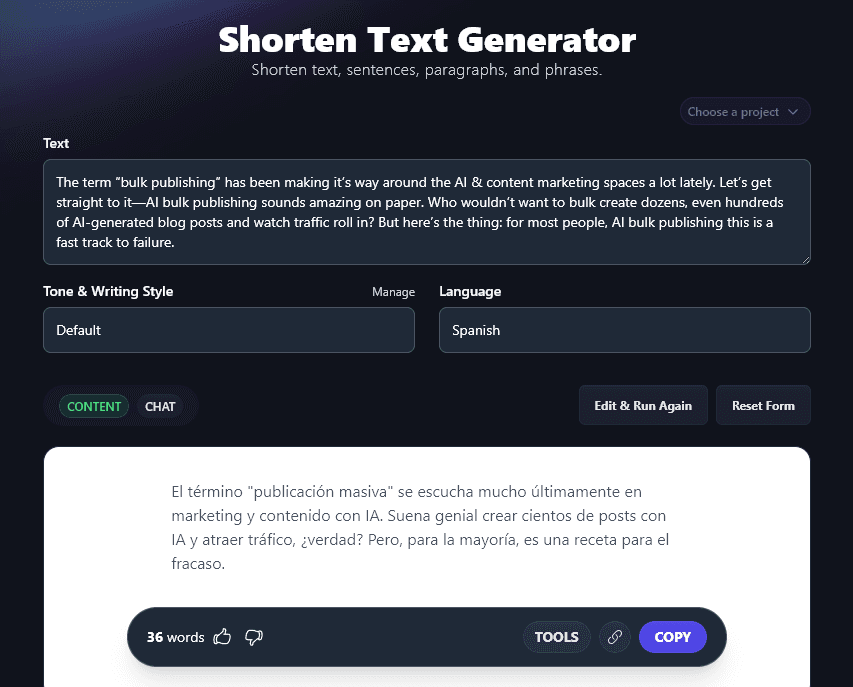 Shortening a Text into Spanish Using the AI Shorten Text Generator