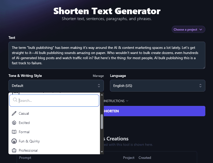 Choosing a Tone & Writing Style for the AI Shorten Text Tool