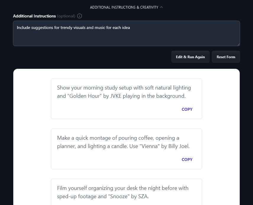 The AI Taking Into Account the Additional Instructions for the TikTok Video Ideas