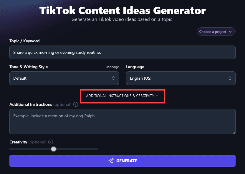 Opening the Advanced Options For the TikTok Content Ideas Tool