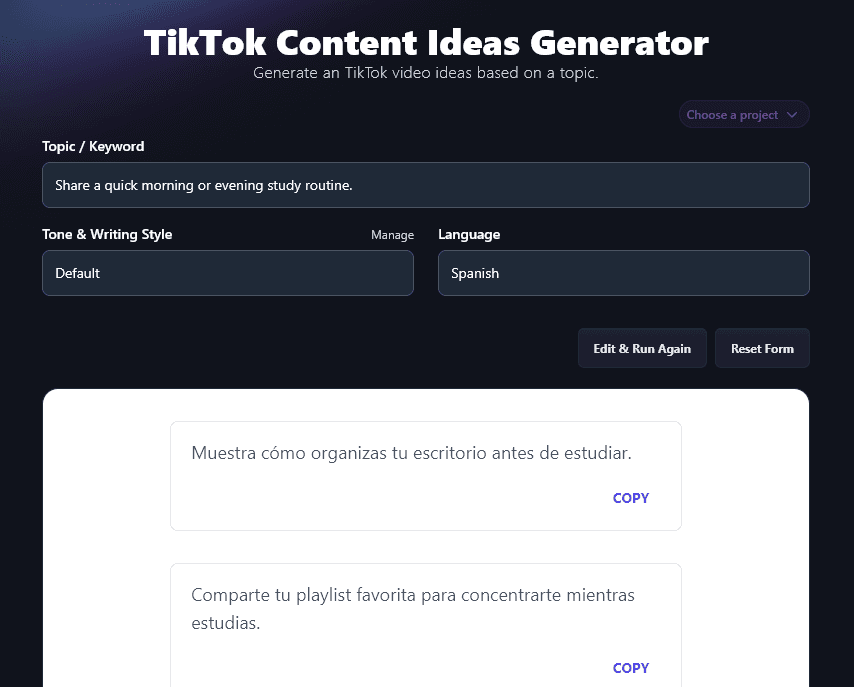 Generating Ideas in Spanish Using the TikTok Content Ideas Tool