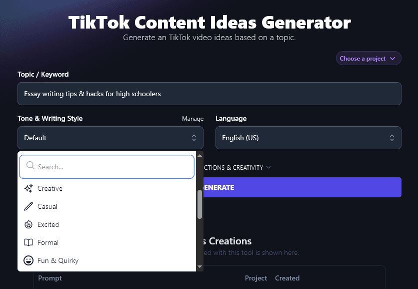 Selecting a Tone & Writing Style in the TikTok Content Ideas Generator