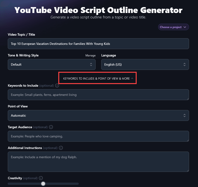 Opening Up the Advanced Options for the YouTube Script Outline Generator