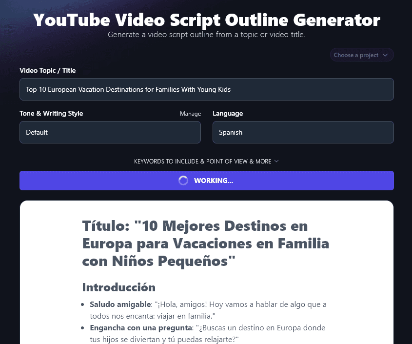 Creating a Script Outline in Spanish Using the AI YouTube Script Outline Generator