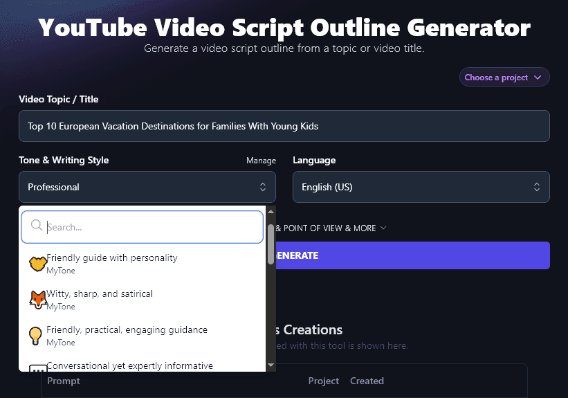 Selecting a Custom MyTone in the AI YouTube Script Outline Generator