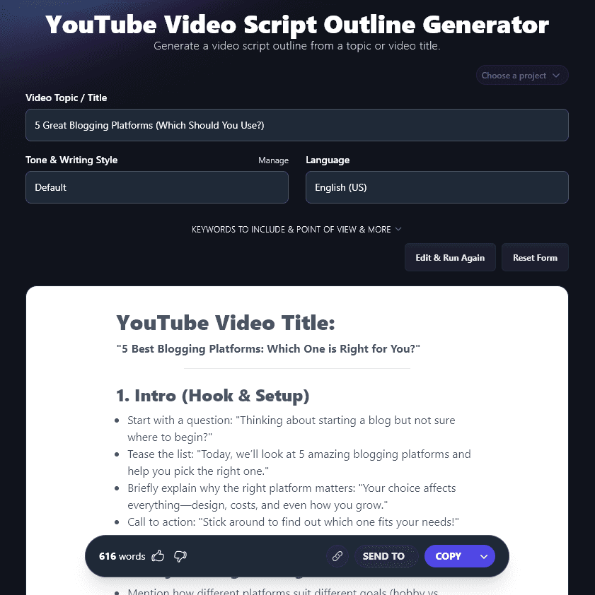 The Start of the Outline Created by the AI YouTube Script Outline Generator