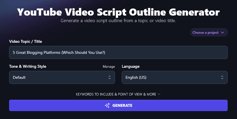 Entering a Video Topic / Title Into the AI YouTube Outline Generator