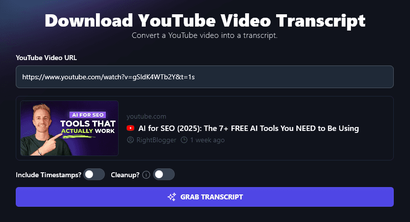 Entering the URL of Your YouTube Video Into the YouTube Transcript Generator