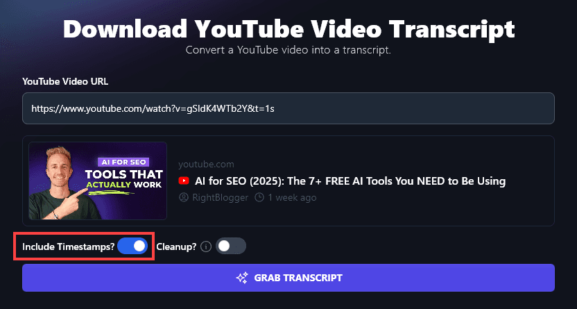 Selecting to Include Timestamps With the YouTube Transcript Generator