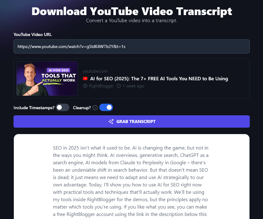 The YouTube Transcript Download Tool Giving the Transcript Without Timestamps But With the Text Cleaned Up for Easy Reading